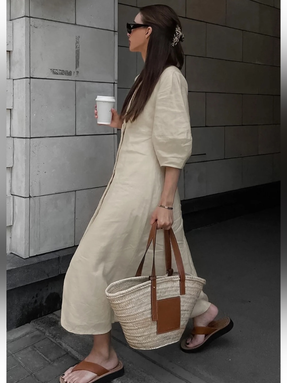 Commense Women’s Cream Linen Midi Dress with Puff Sleeves Medium